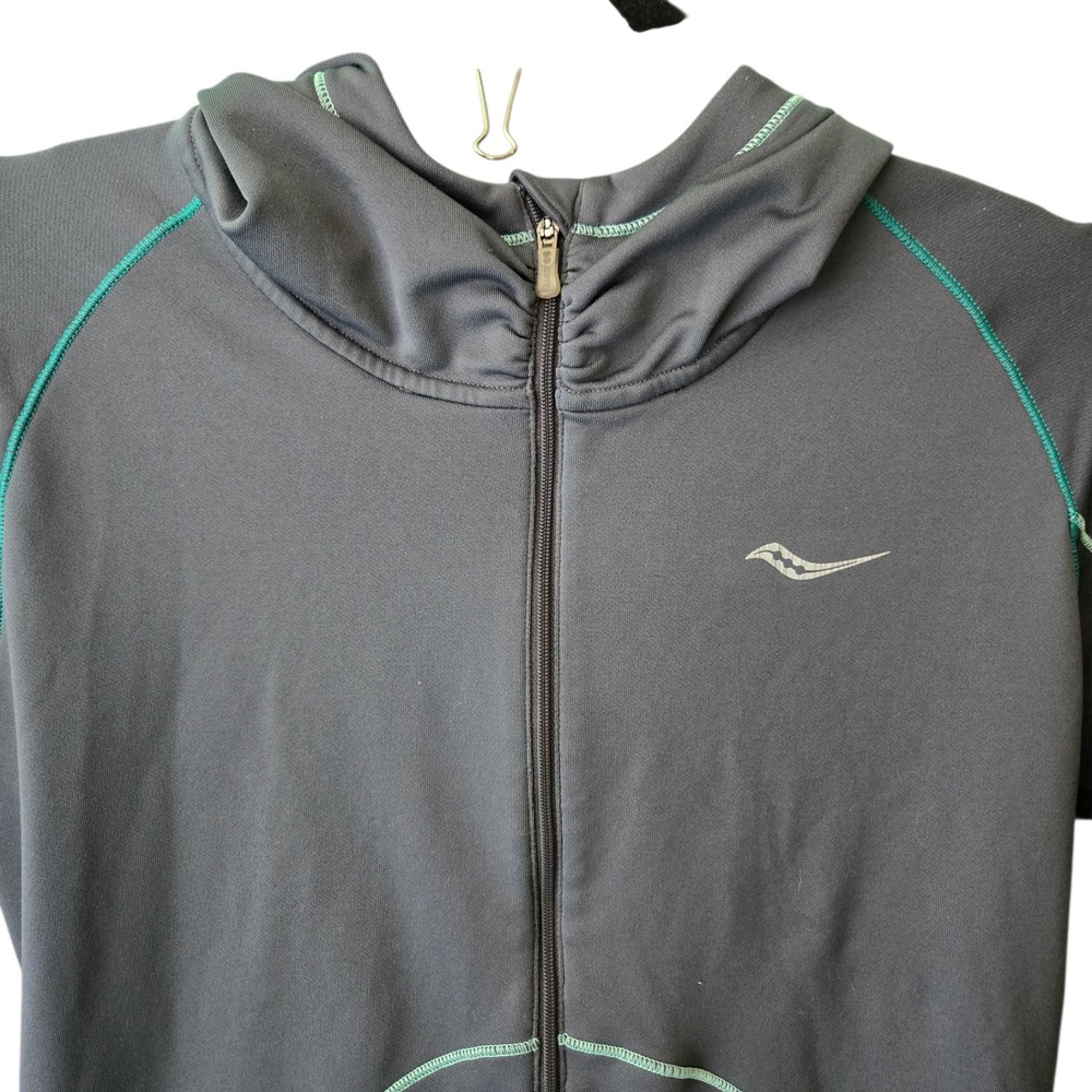 Saucony Womens Gray Teal Full Zip Running Hoodie Jacket WARM Thumbholes Large